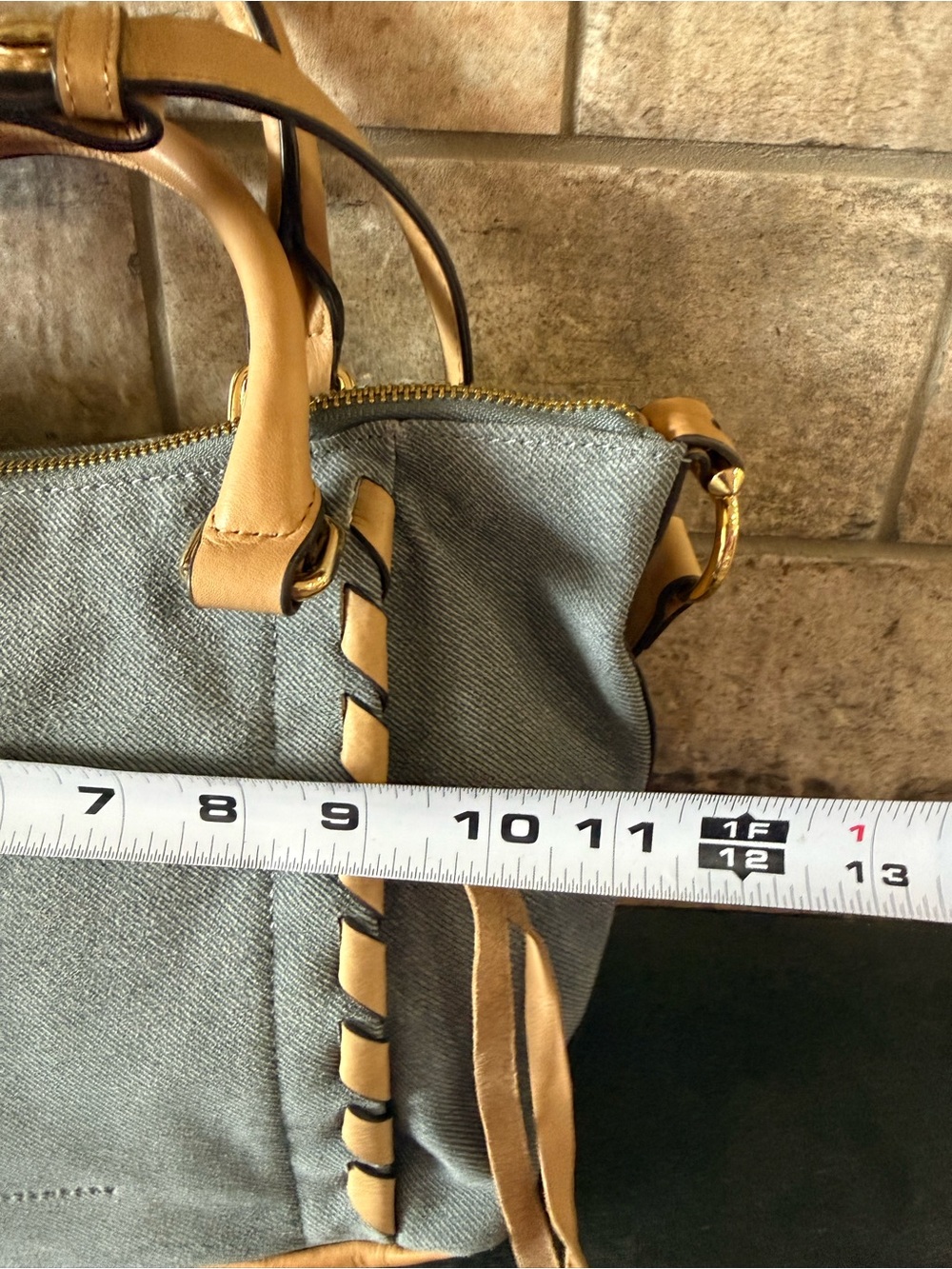 Aimee Kestenberg Blue Denim Canvas Shoulder Bag with Tan Leather Trim - Picture 7 of 8